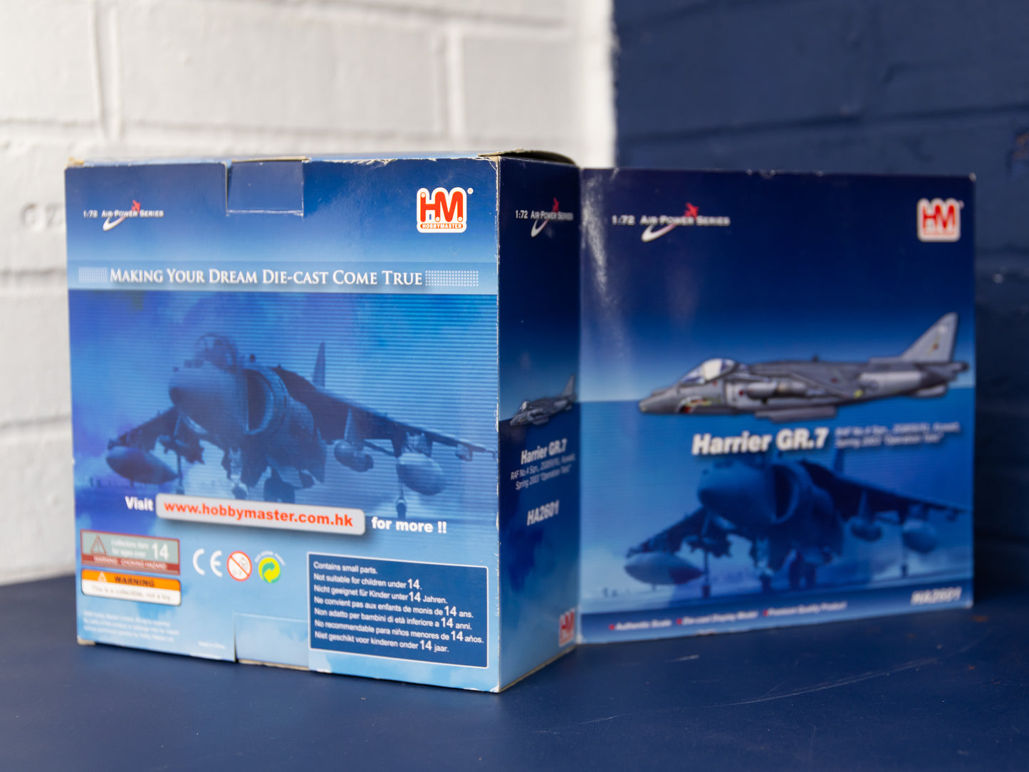 Back and side of sealed Hobby Master HA2601 Harrier GR.7 box showing artwork and branding.