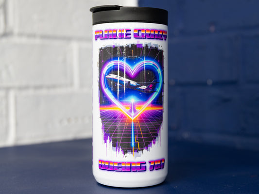 Front view of Plane Crazy Boeing 787 prototype bottle with neon heart artwork.