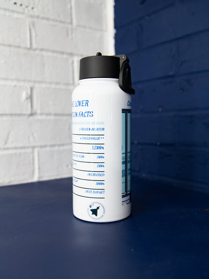 Side view of white bottle showing “Plane Lover Nutrition Facts” panel and black lid.