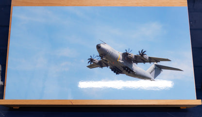 A400M aviation wall art on easel — glossy print, ready to frame or hang