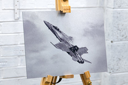 Three-quarter view on an easel of the Hornet brushed aluminium print, showing metallic texture and edge
