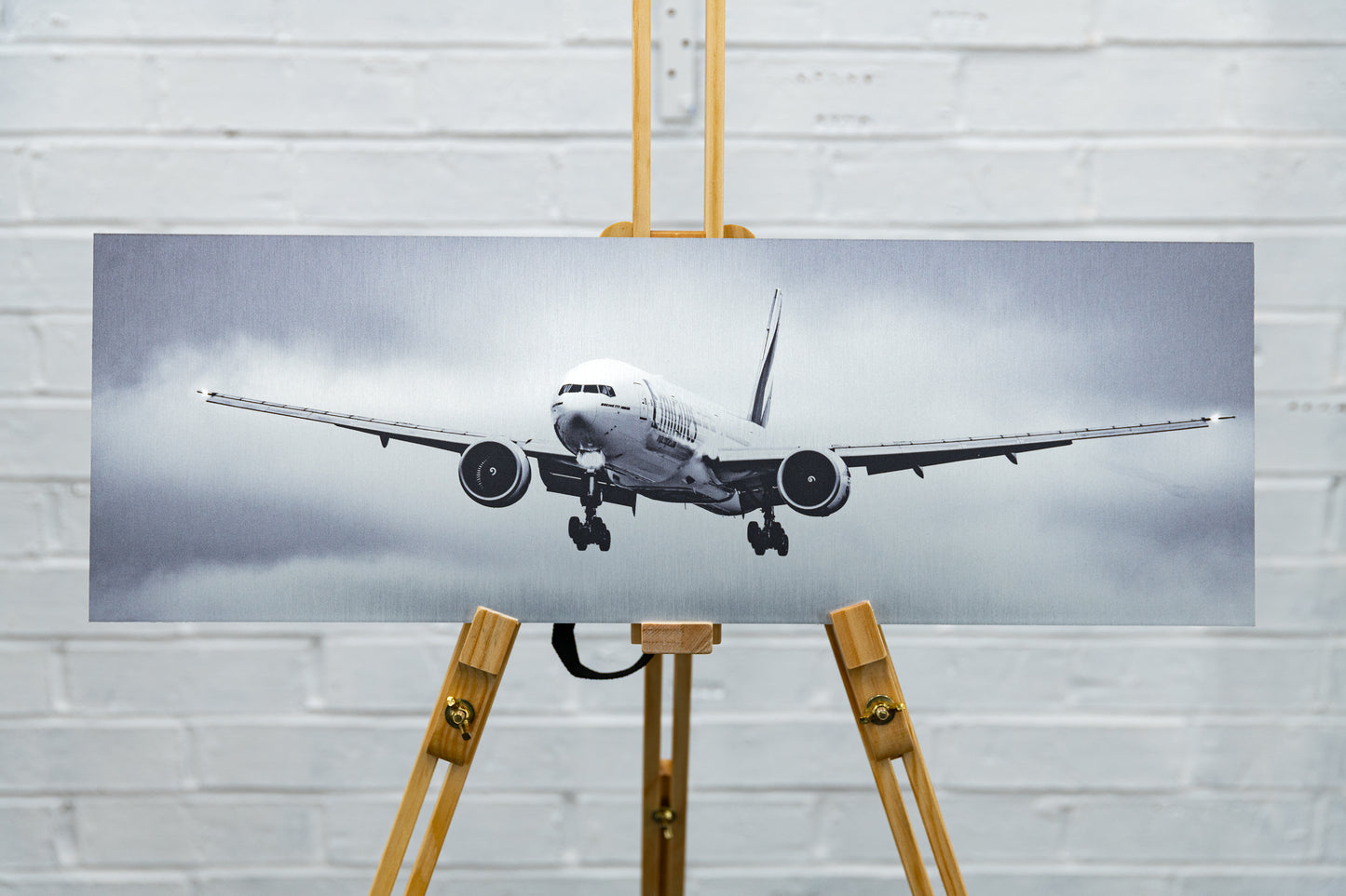Front-on view of the full panoramic aluminium print on a studio easel, pristine ex-display condition.