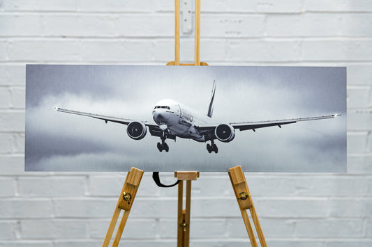Front-on view of the full panoramic aluminium print on a studio easel, pristine ex-display condition.