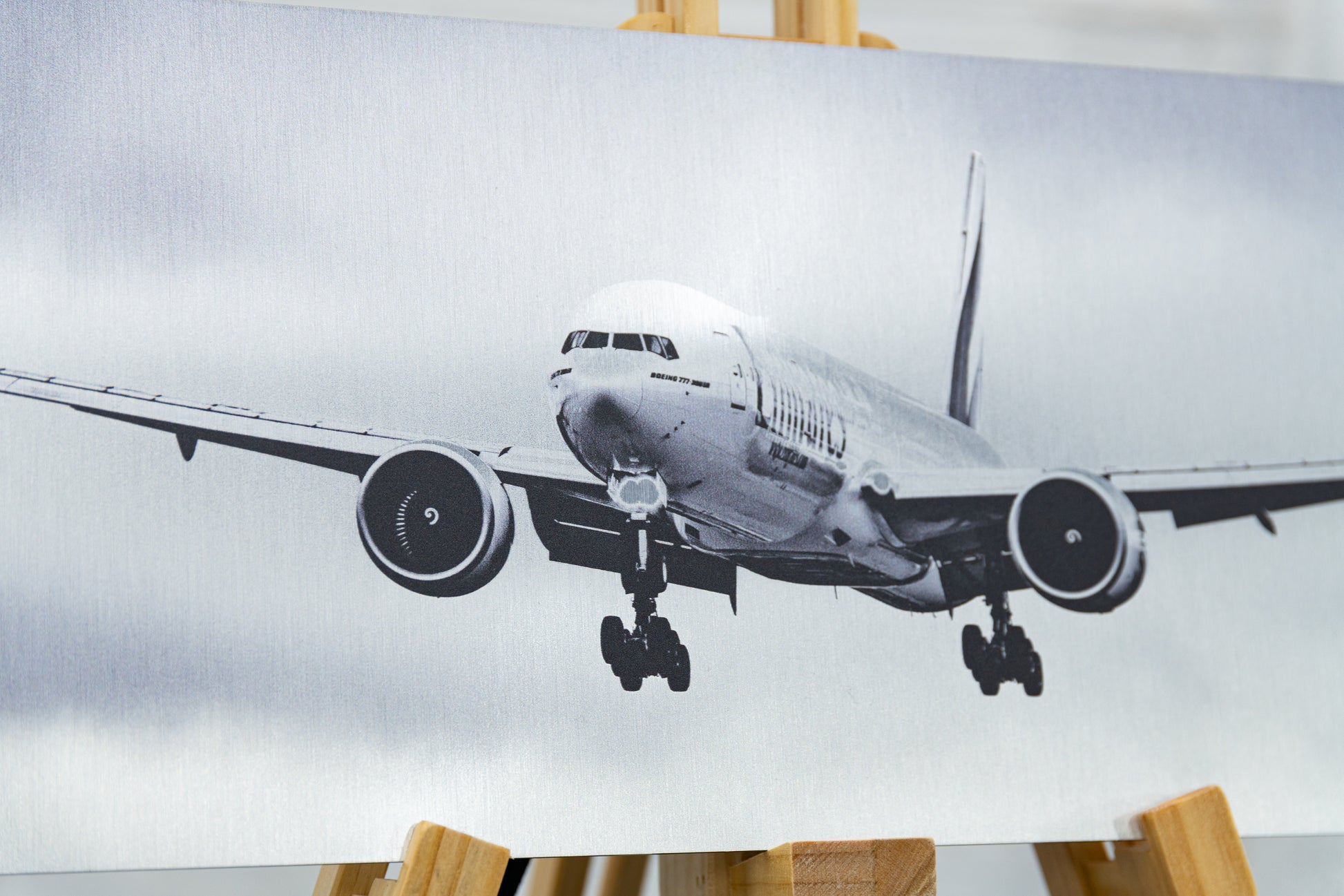 Slightly tilted panoramic shot of the aluminium print, displaying uniform tone and sharp detail.