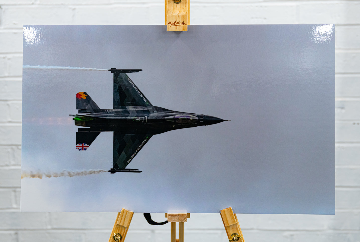 Straight-on product photo of the Belgian Air Force “Dream Viper” metallic print mounted on 10 mm foamboard.