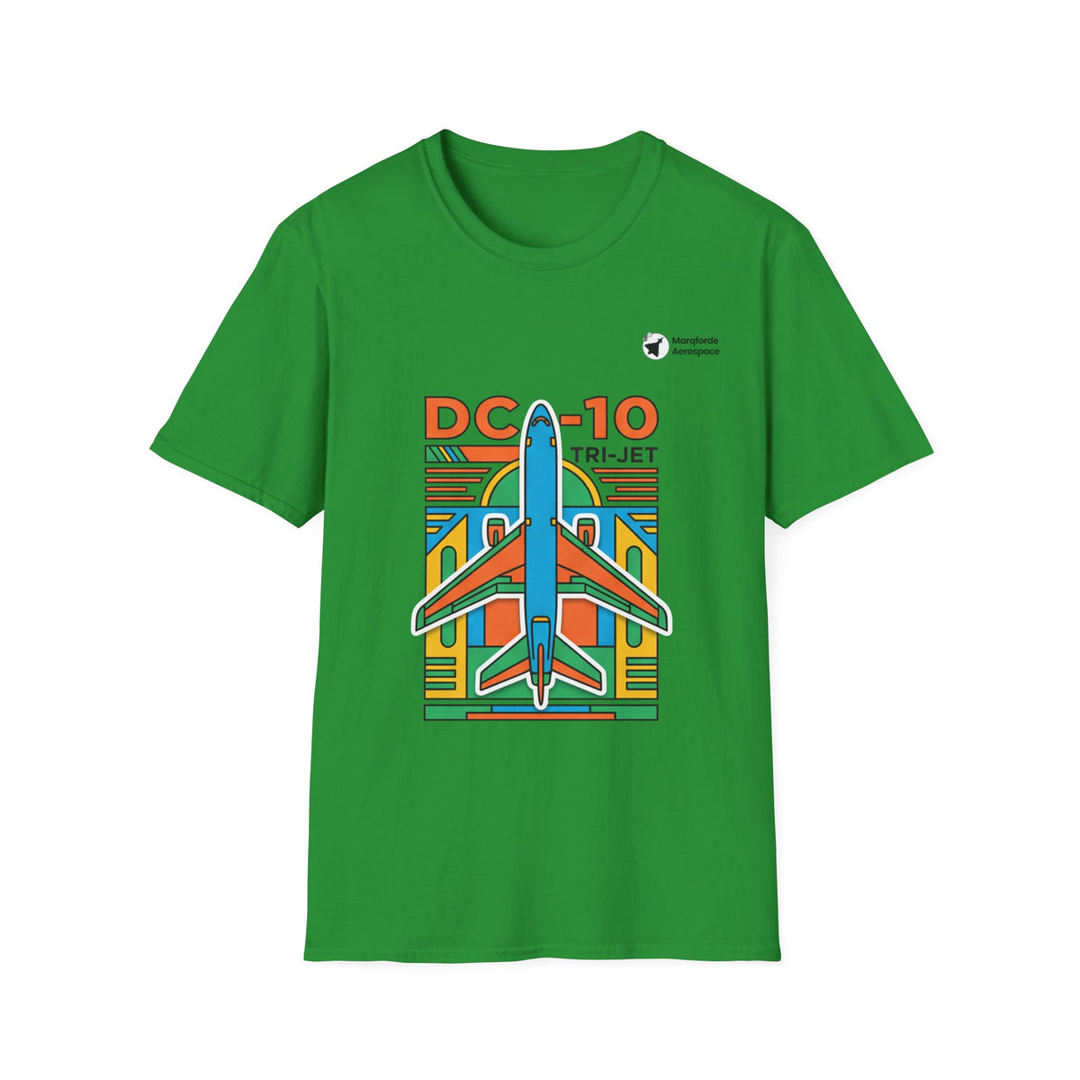 DC-10 Trijet Tribute aviation graphic on an irish green unisex t-shirt