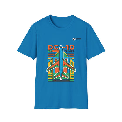 DC-10 Trijet Tribute aviation graphic on a sapphire unisex t-shirt