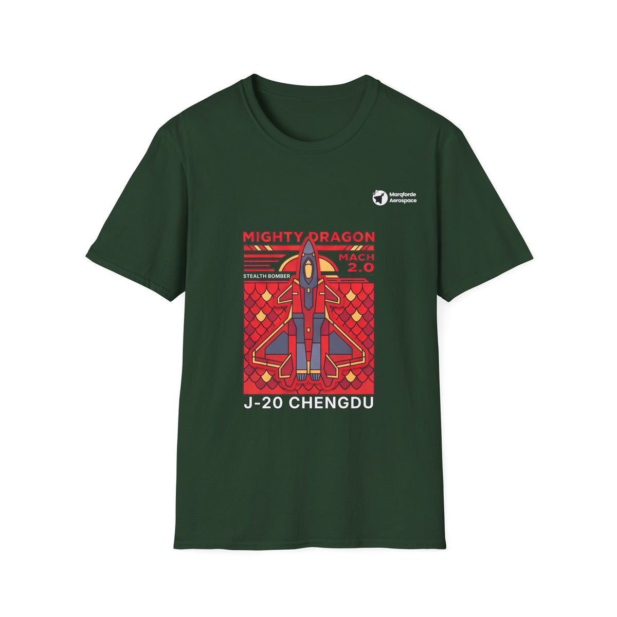 Dragon Drift J-20 aviation graphic on a forest green unisex t-shirt