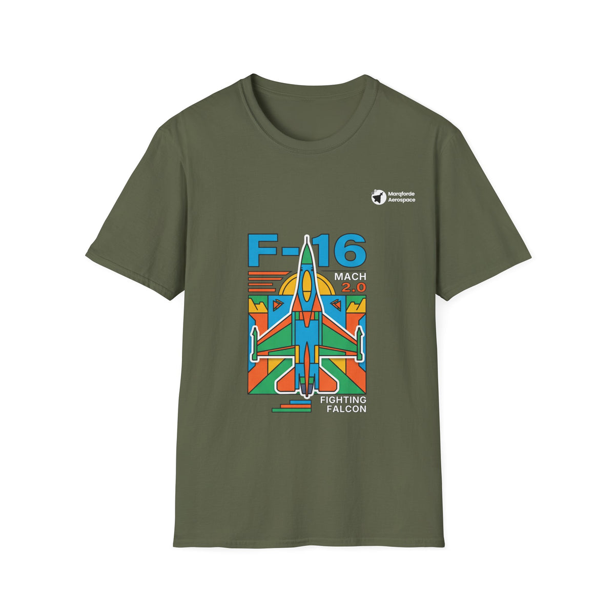 Falcon Fury aviation graphic on a military green unisex t-shirt