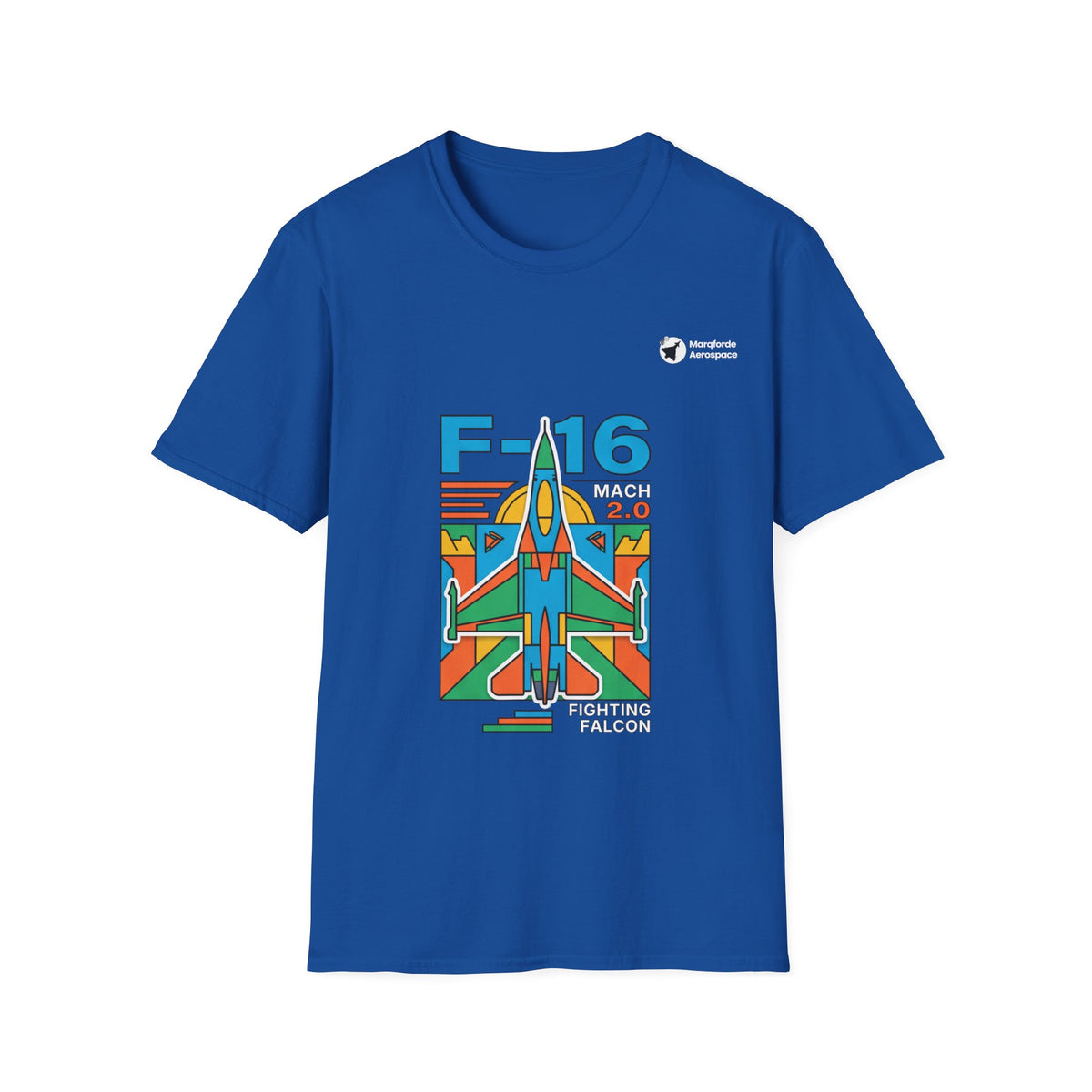 Falcon Fury aviation graphic on a royal blue unisex t-shirt