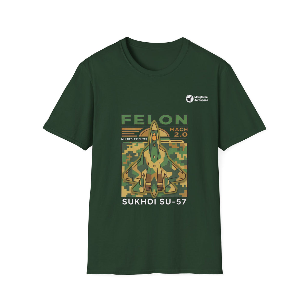 Felon Force SU-57 aviation graphic on a forest green unisex t-shirt