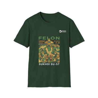 Felon Force SU-57 aviation graphic on a forest green unisex t-shirt