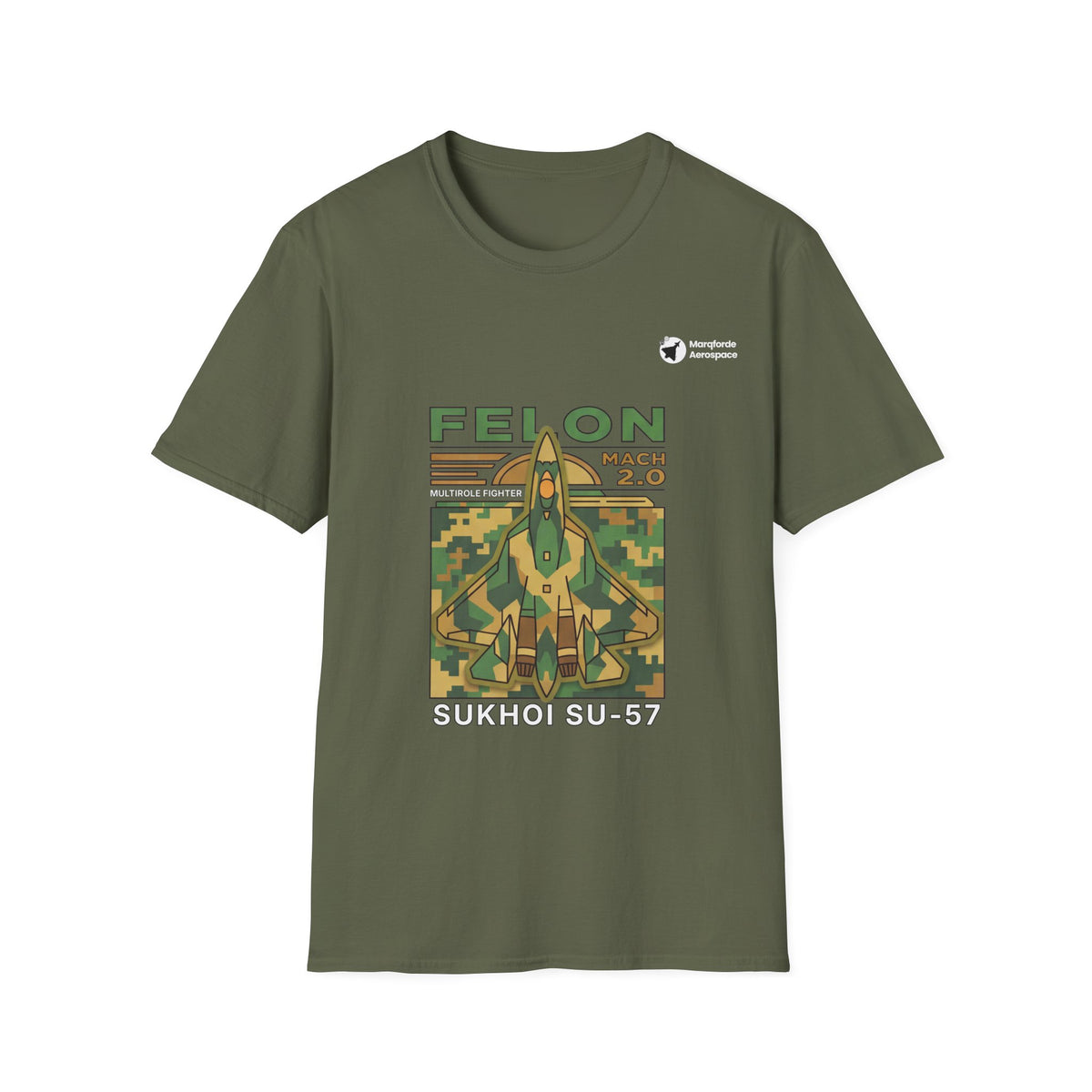 Felon Force SU-57 aviation graphic on a military green unisex t-shirt