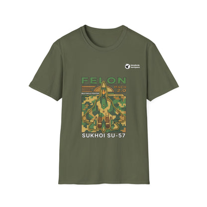 Felon Force SU-57 aviation graphic on a military green unisex t-shirt