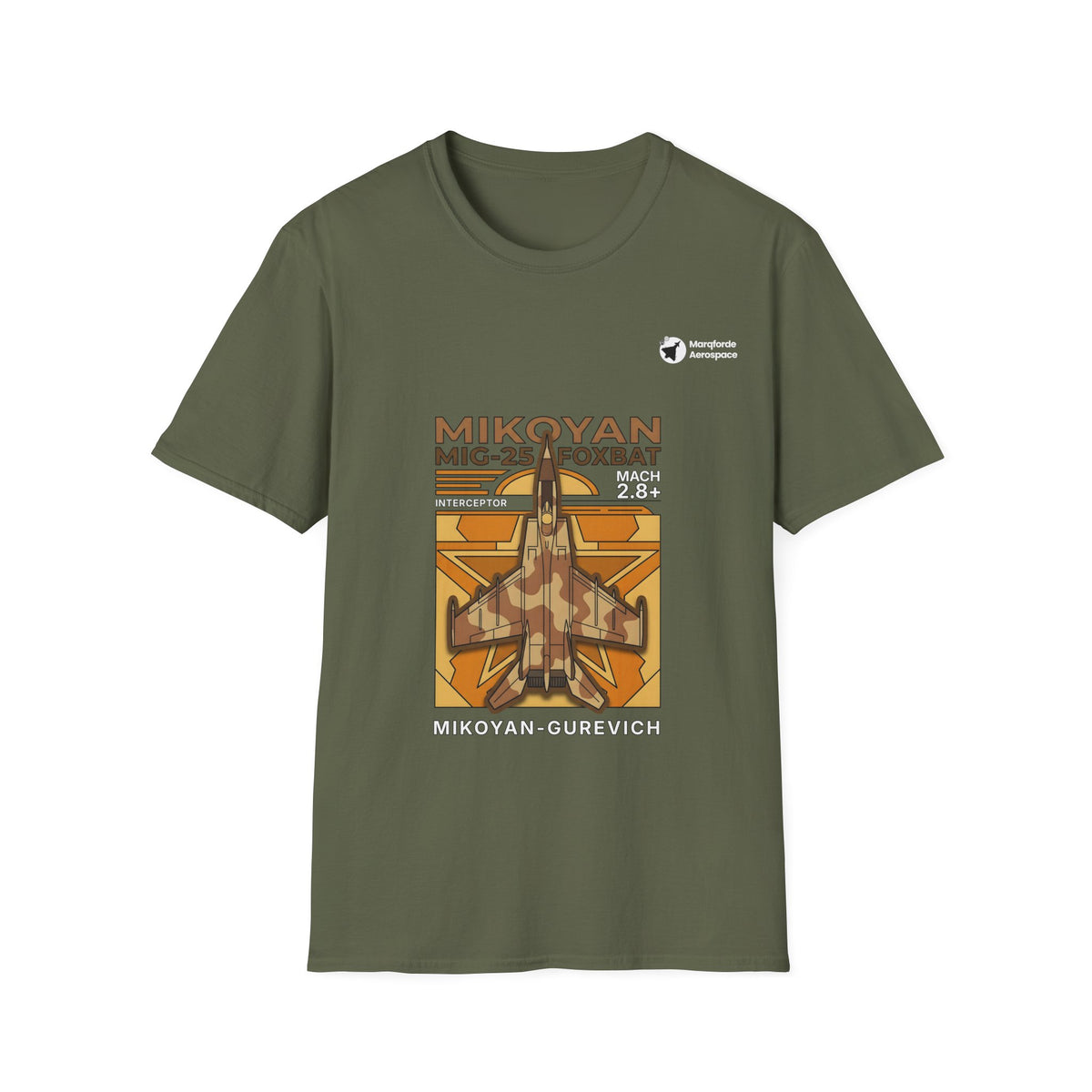 Foxbat Frontier Desert Camo aviation graphic on a military green unisex t-shirt