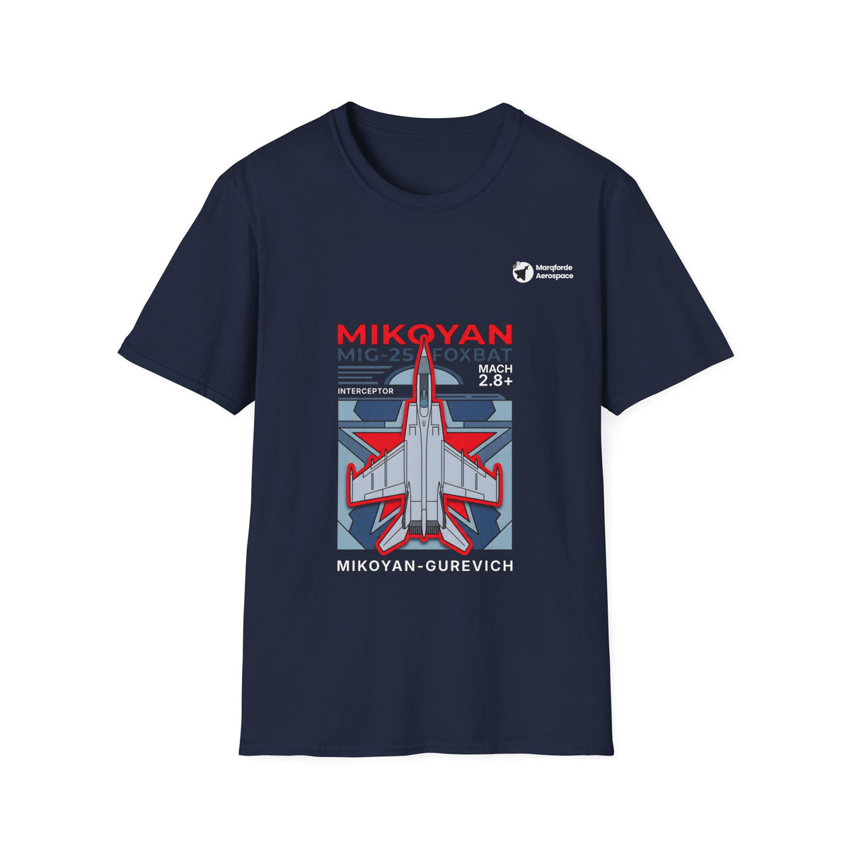 Foxbat Frontier Red Star aviation graphic on a navy unisex t-shirt