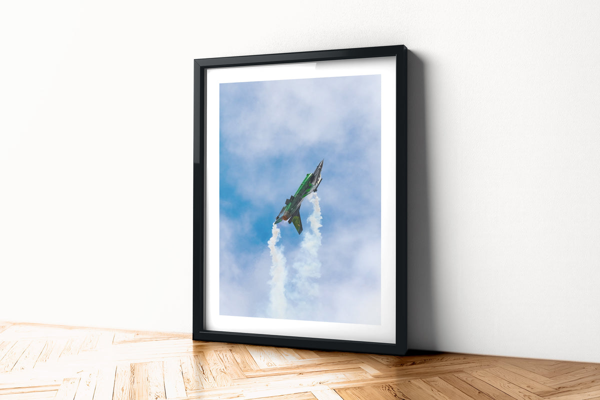 Belgian Air Force Dream Viper F-16 climbing vertically with a trail of smoke, aviation photo wall art print in a black frame