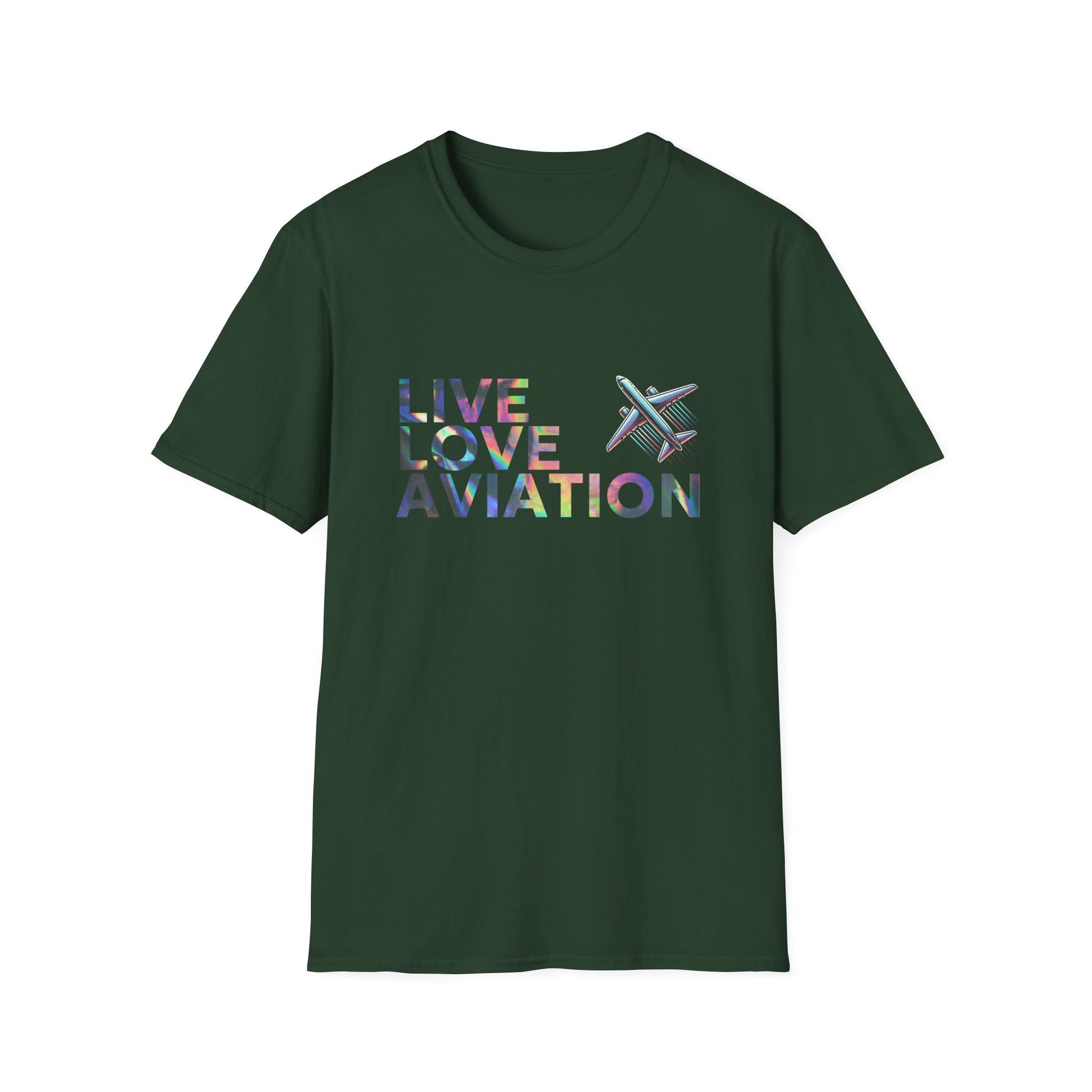Aviation Enthusiast T-Shirt – Live Love Aviation Design in Forest Green Colour with Holographic Colour Text Design