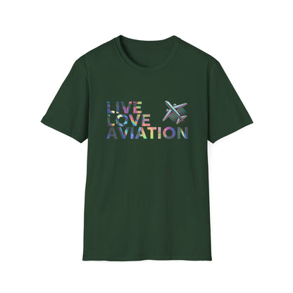 Aviation Enthusiast T-Shirt – Live Love Aviation Design in Forest Green Colour with Holographic Colour Text Design