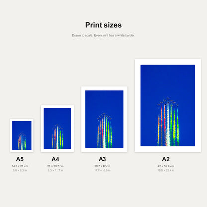 Frecce Tricolori climb print shown at A5, A4, A3 and A2 to scale, wall art size guide