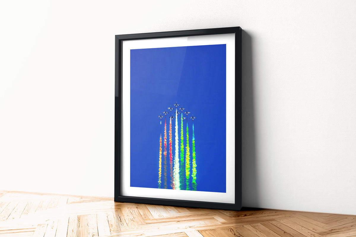 Frecce Tricolori MB-339 jets climbing with red, white and green smoke against a deep blue sky, aviation photo wall art print in a black frame