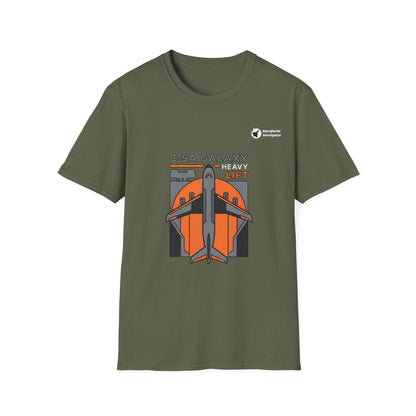 Galaxy Giant aviation graphic on a military green unisex t-shirt