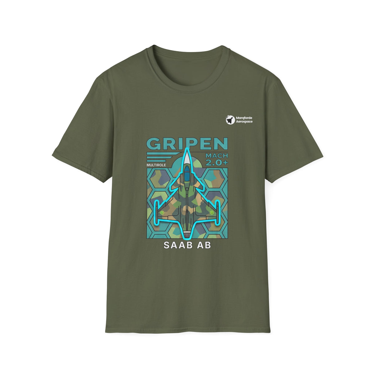Gripen Guardian aviation graphic on a military green unisex t-shirt