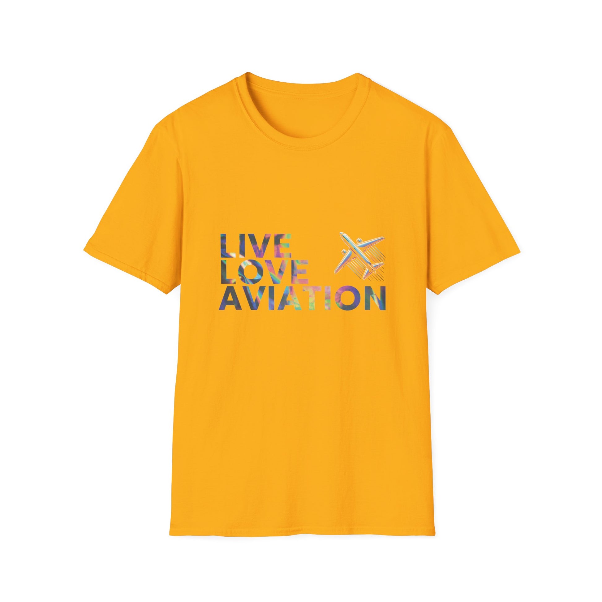 Aviation Enthusiast T-Shirt – Live Love Aviation Design in Golden Yellow Colour with Holographic Colour Text Design