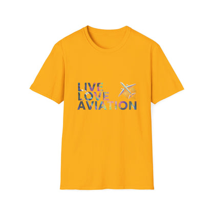 Aviation Enthusiast T-Shirt – Live Love Aviation Design in Golden Yellow Colour with Holographic Colour Text Design