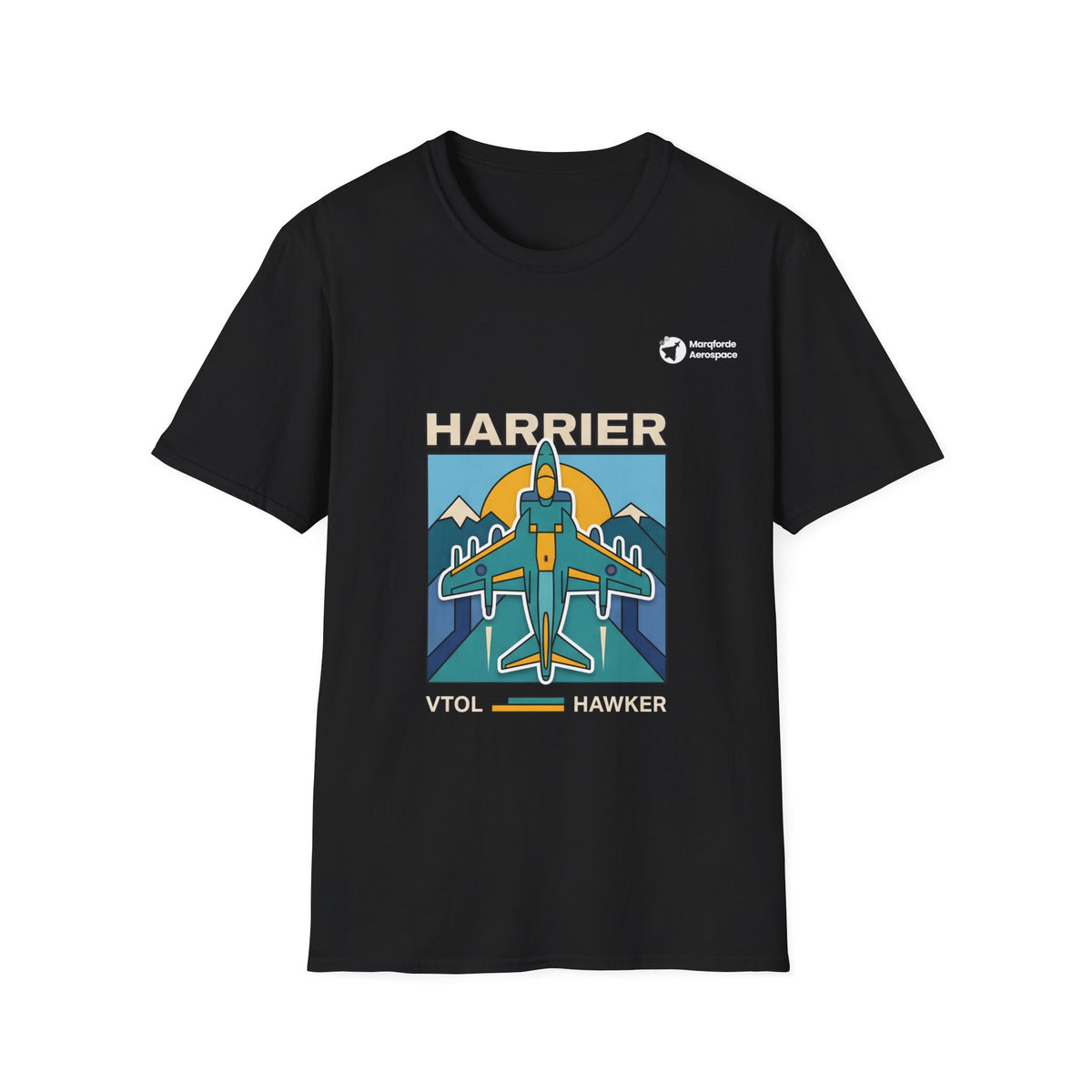 Harrier Horizon aviation graphic on a black unisex t-shirt