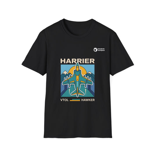 Harrier Horizon aviation graphic on a black unisex t-shirt