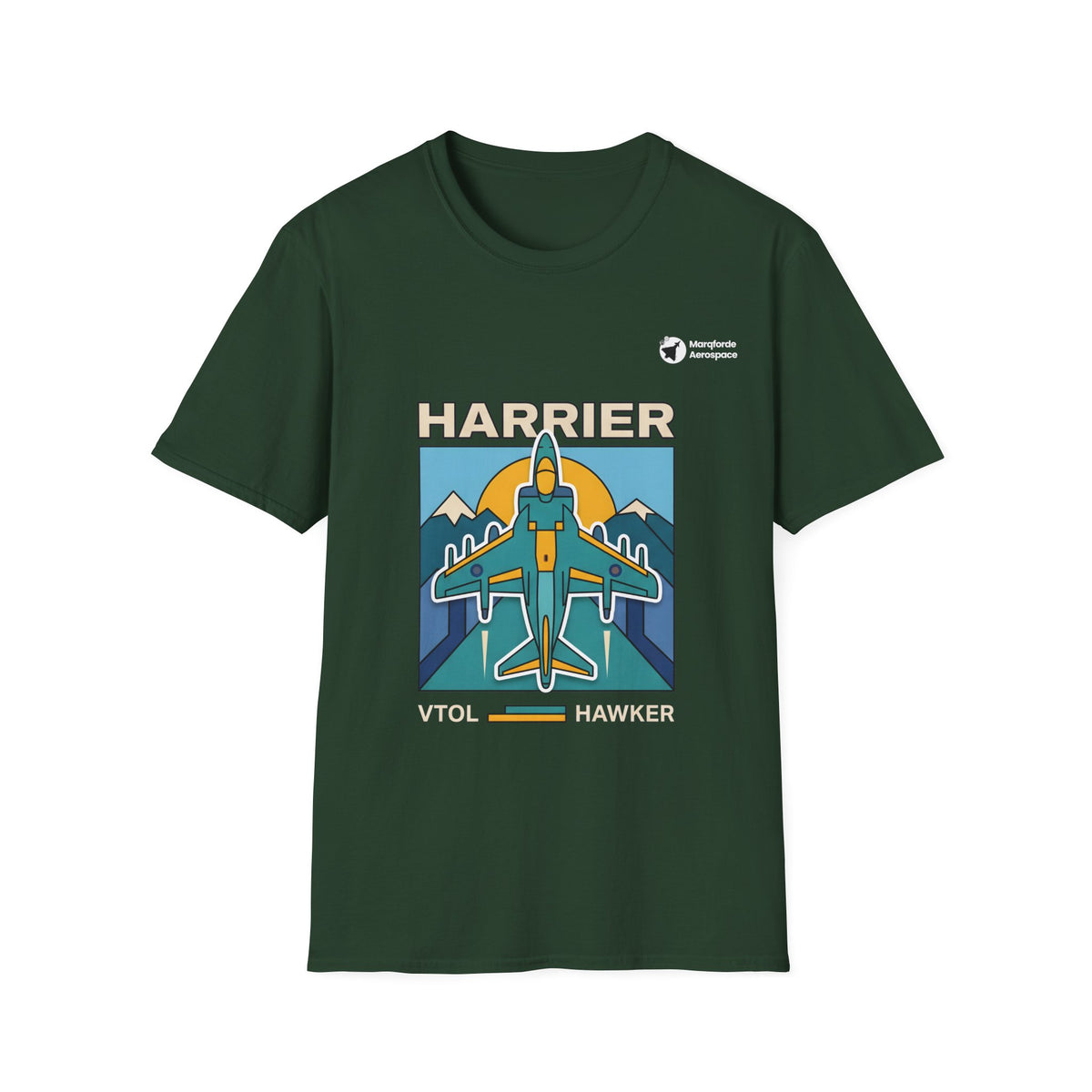 Harrier Horizon aviation graphic on a forest green unisex t-shirt