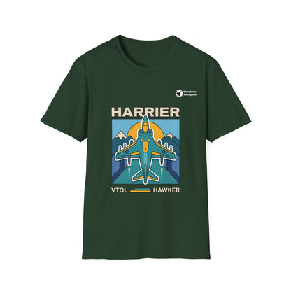 Harrier Horizon aviation graphic on a forest green unisex t-shirt