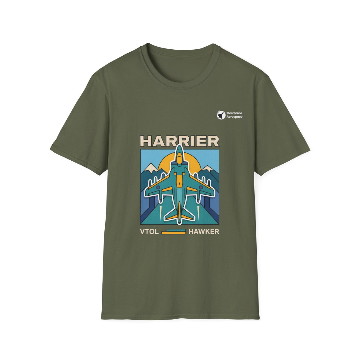 Harrier Horizon aviation graphic on a military green unisex t-shirt