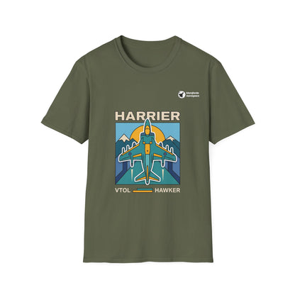 Harrier Horizon aviation graphic on a military green unisex t-shirt