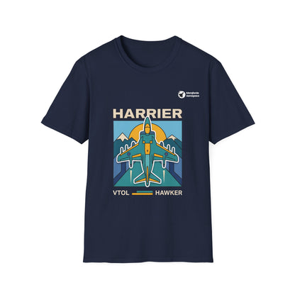 Harrier Horizon aviation graphic on a navy unisex t-shirt