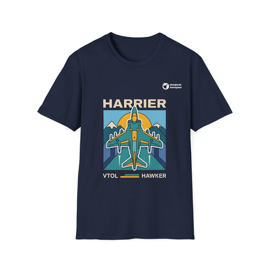 Harrier Horizon aviation graphic on a navy unisex t-shirt