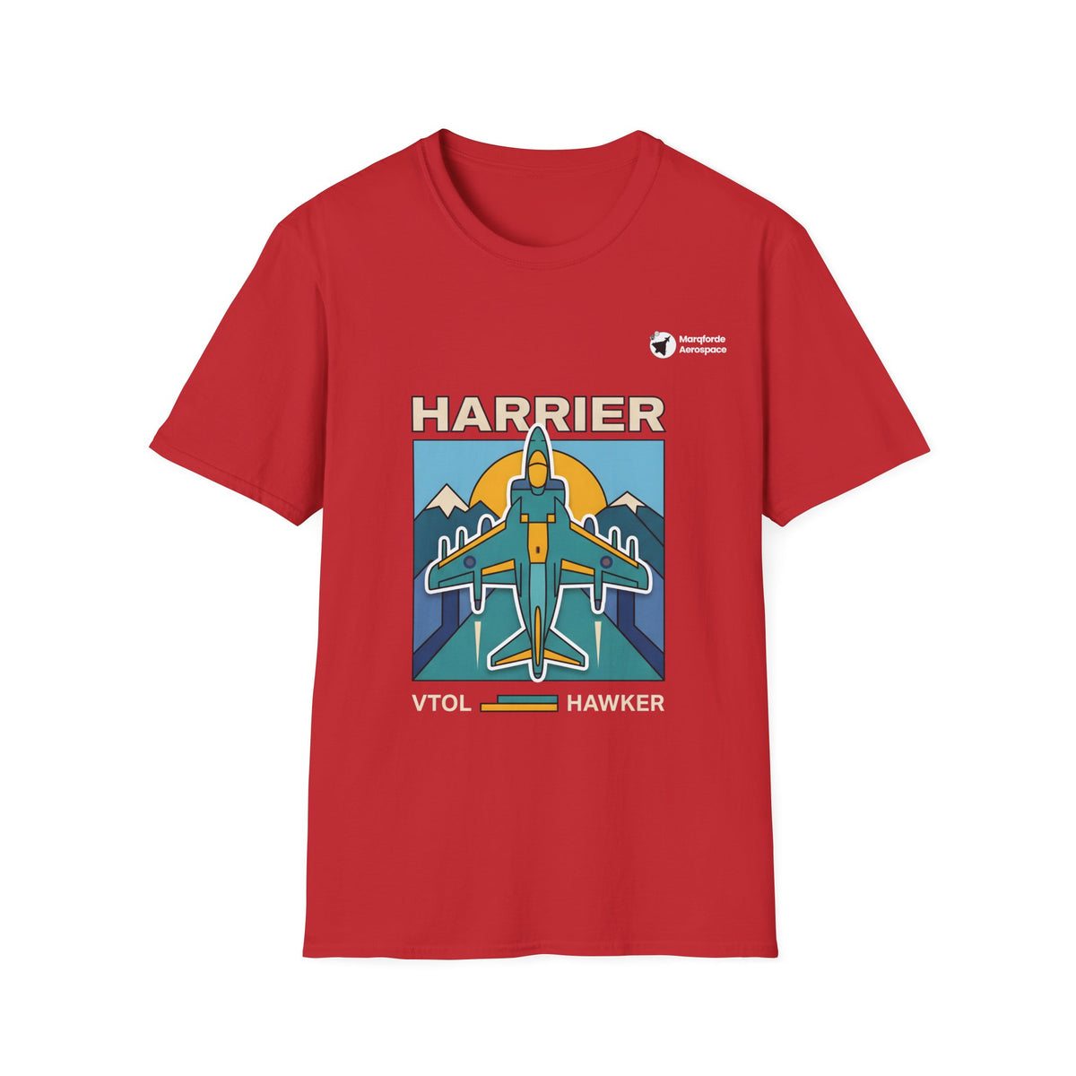 Harrier Horizon aviation graphic on a red unisex t-shirt