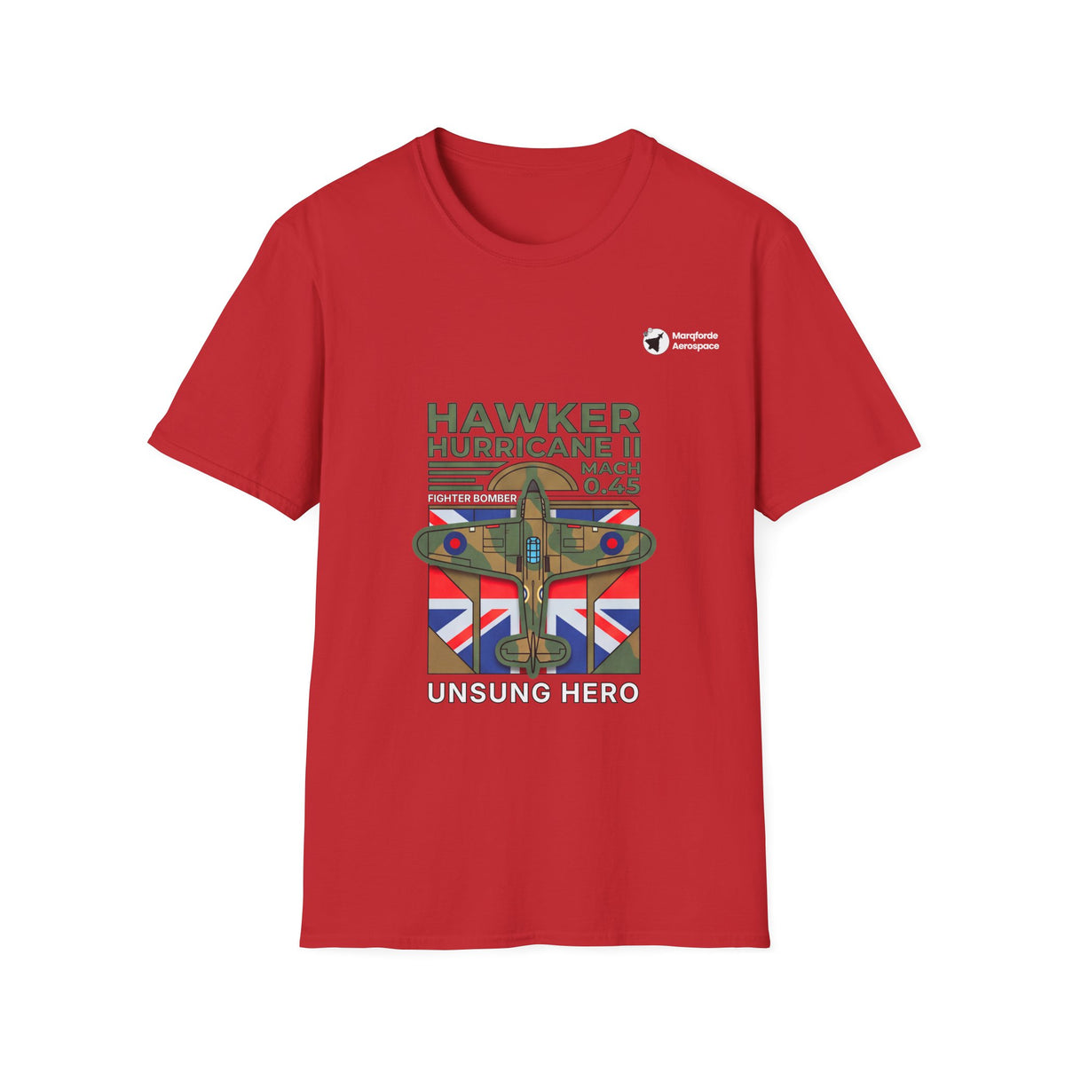 Hurricane Hallmark aviation graphic on a red unisex t-shirt