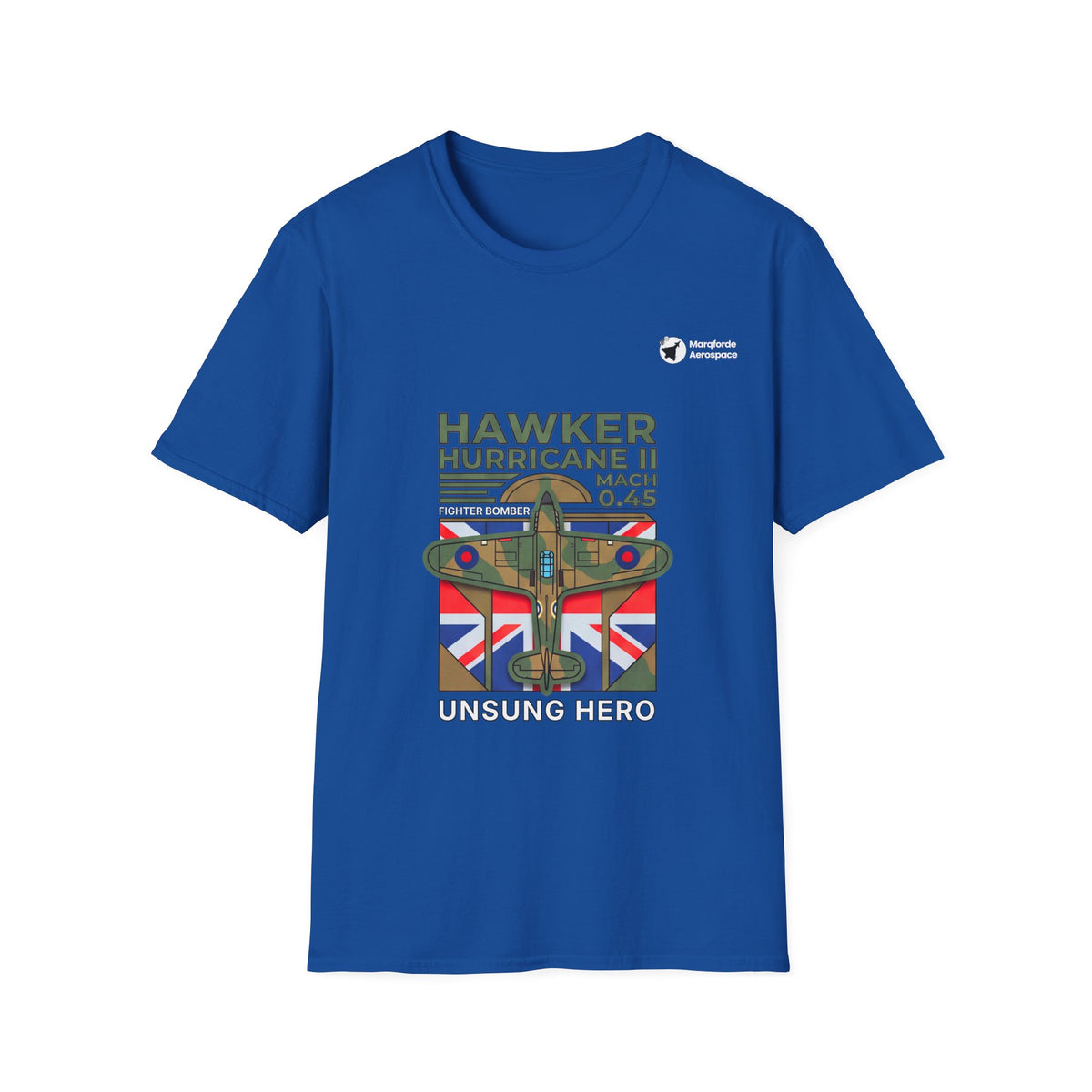 Hurricane Hallmark aviation graphic on a royal blue unisex t-shirt