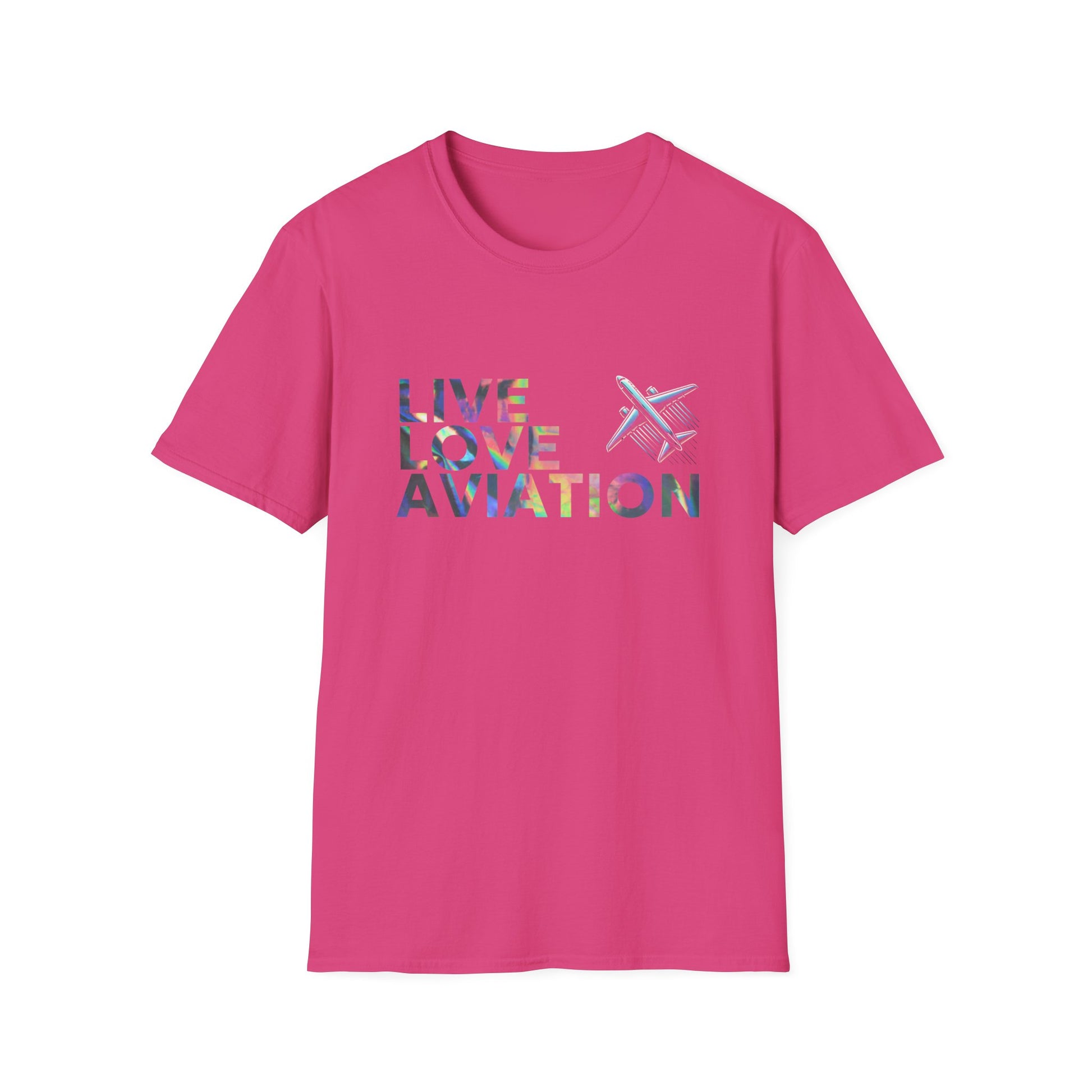 Aviation Enthusiast T-Shirt – Live Love Aviation Design in Heliconia Pink Colour with Holographic Colour Text Design