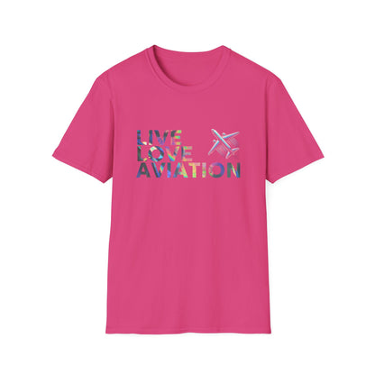 Aviation Enthusiast T-Shirt – Live Love Aviation Design in Heliconia Pink Colour with Holographic Colour Text Design