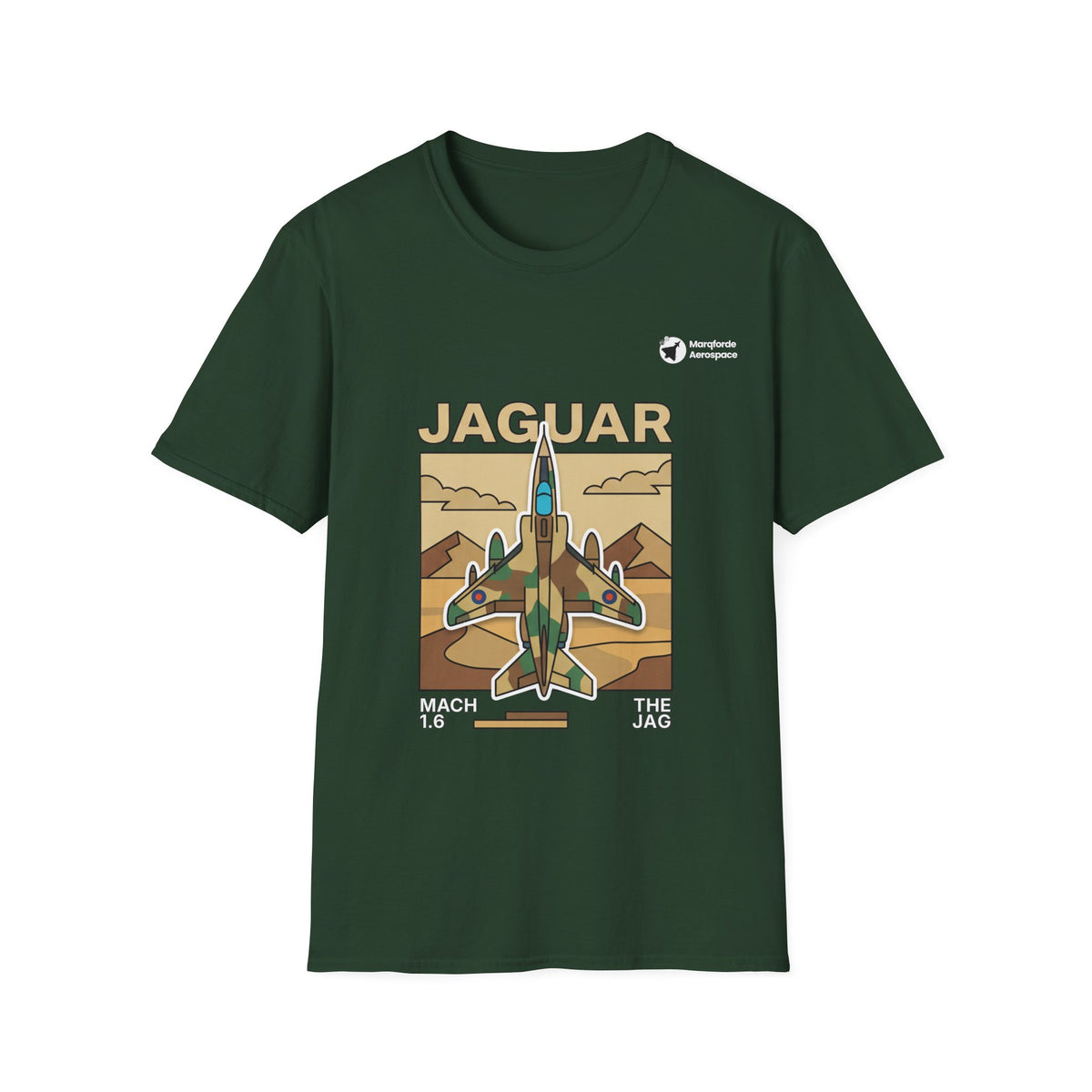 Jaguar Journey aviation graphic on a forest green unisex t-shirt