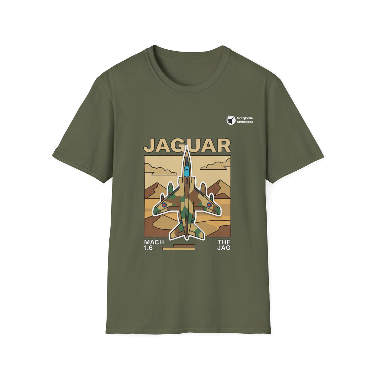 Jaguar Journey aviation graphic on a military green unisex t-shirt