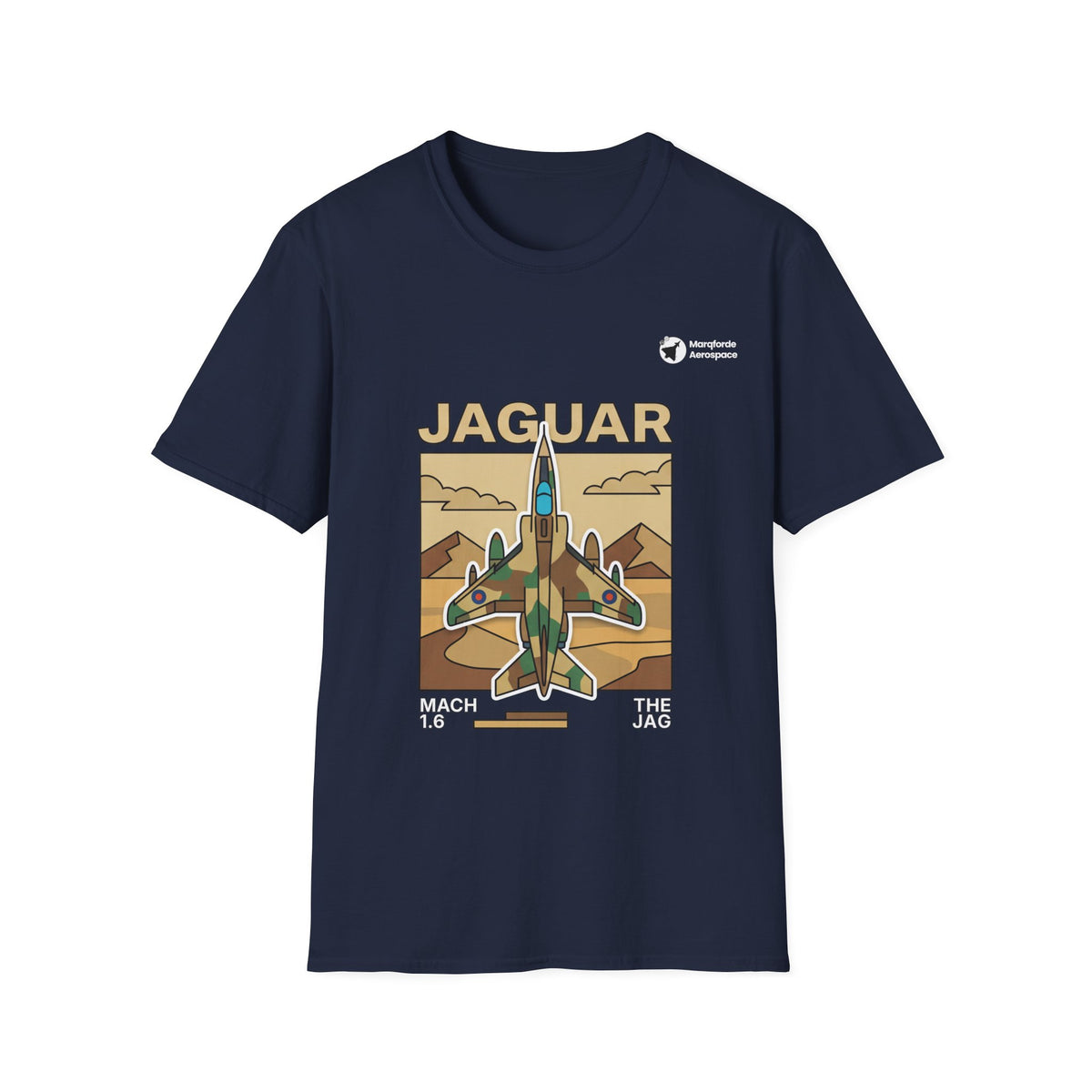 Jaguar Journey aviation graphic on a navy unisex t-shirt