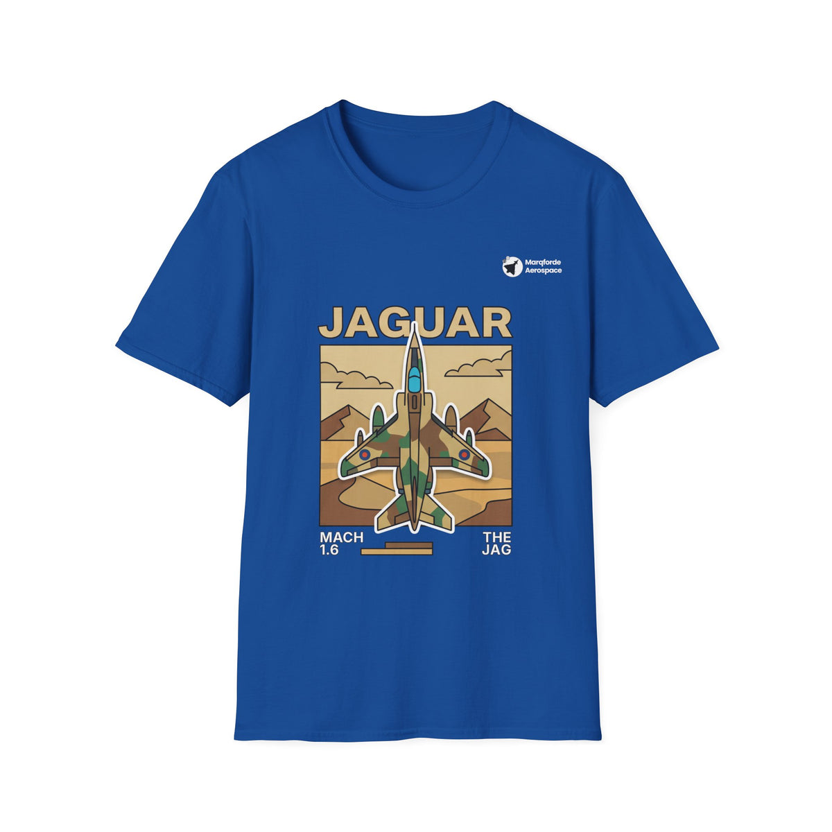 Jaguar Journey aviation graphic on a royal blue unisex t-shirt