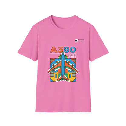 Jumbo Journey A380 aviation graphic on an azalea unisex t-shirt