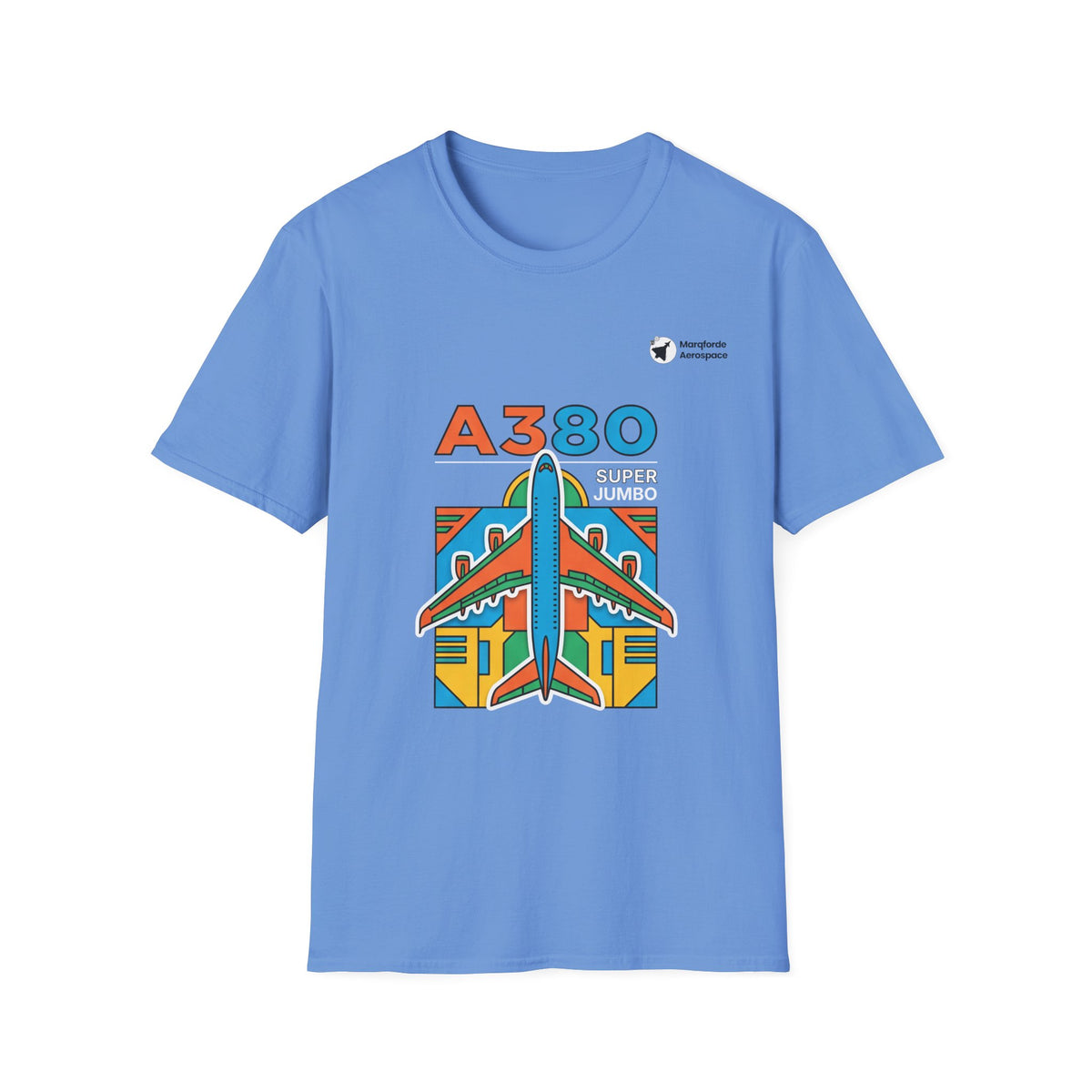 Jumbo Journey A380 aviation graphic on a carolina blue unisex t-shirt
