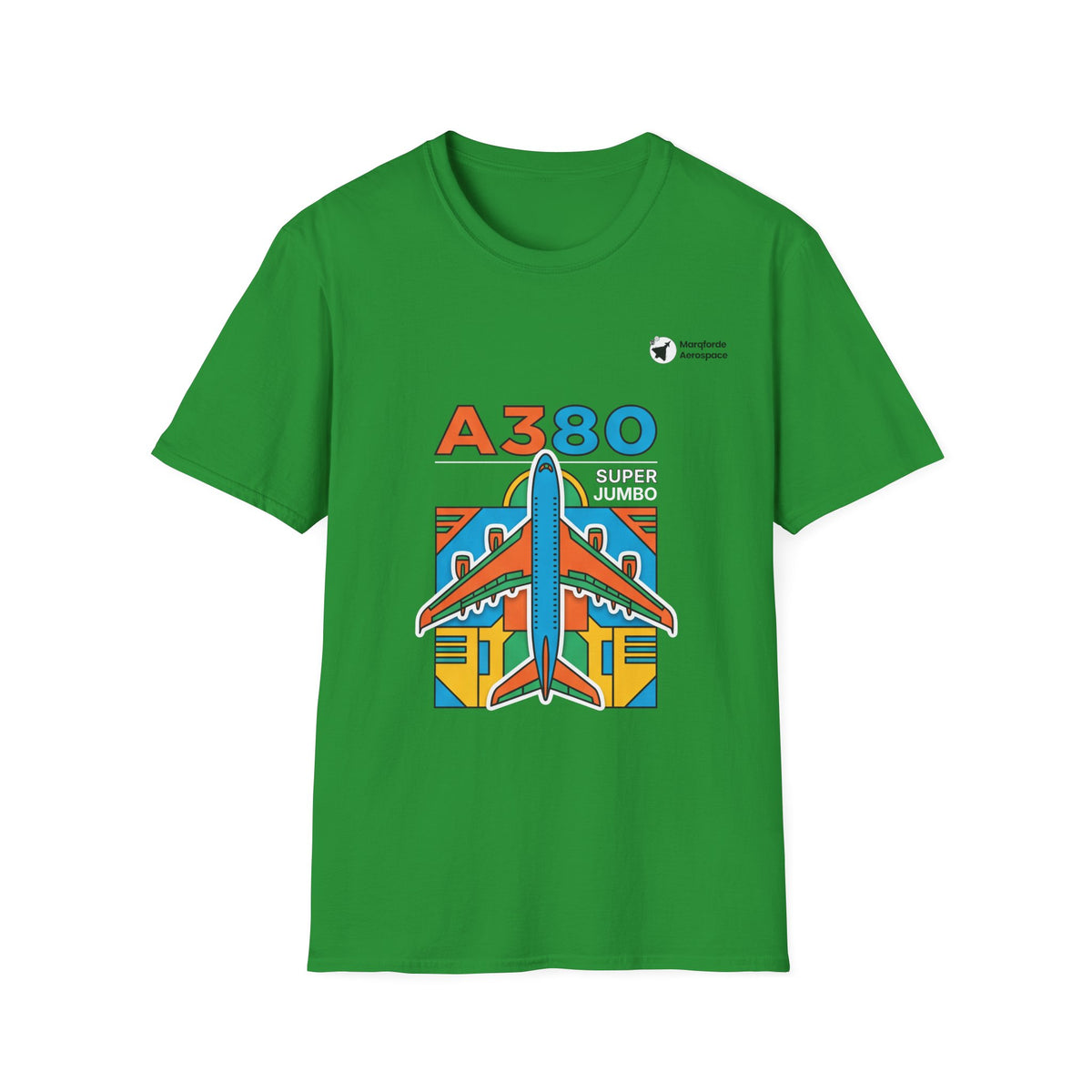 Jumbo Journey A380 aviation graphic on an irish green unisex t-shirt