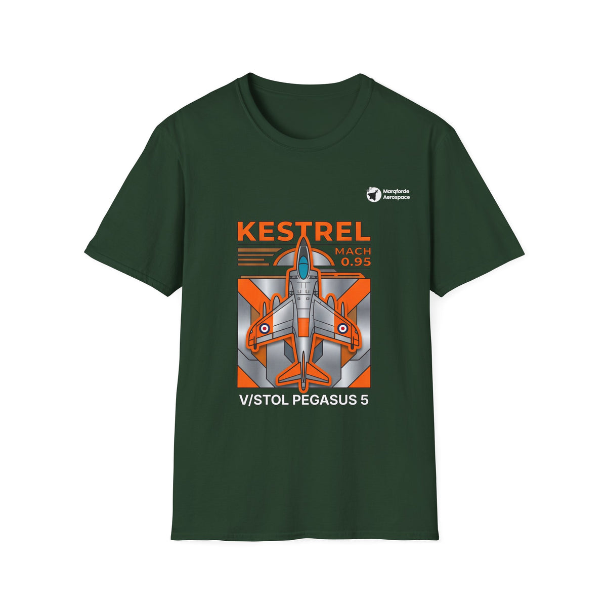 Kestrel Keystone aviation graphic on a forest green unisex t-shirt